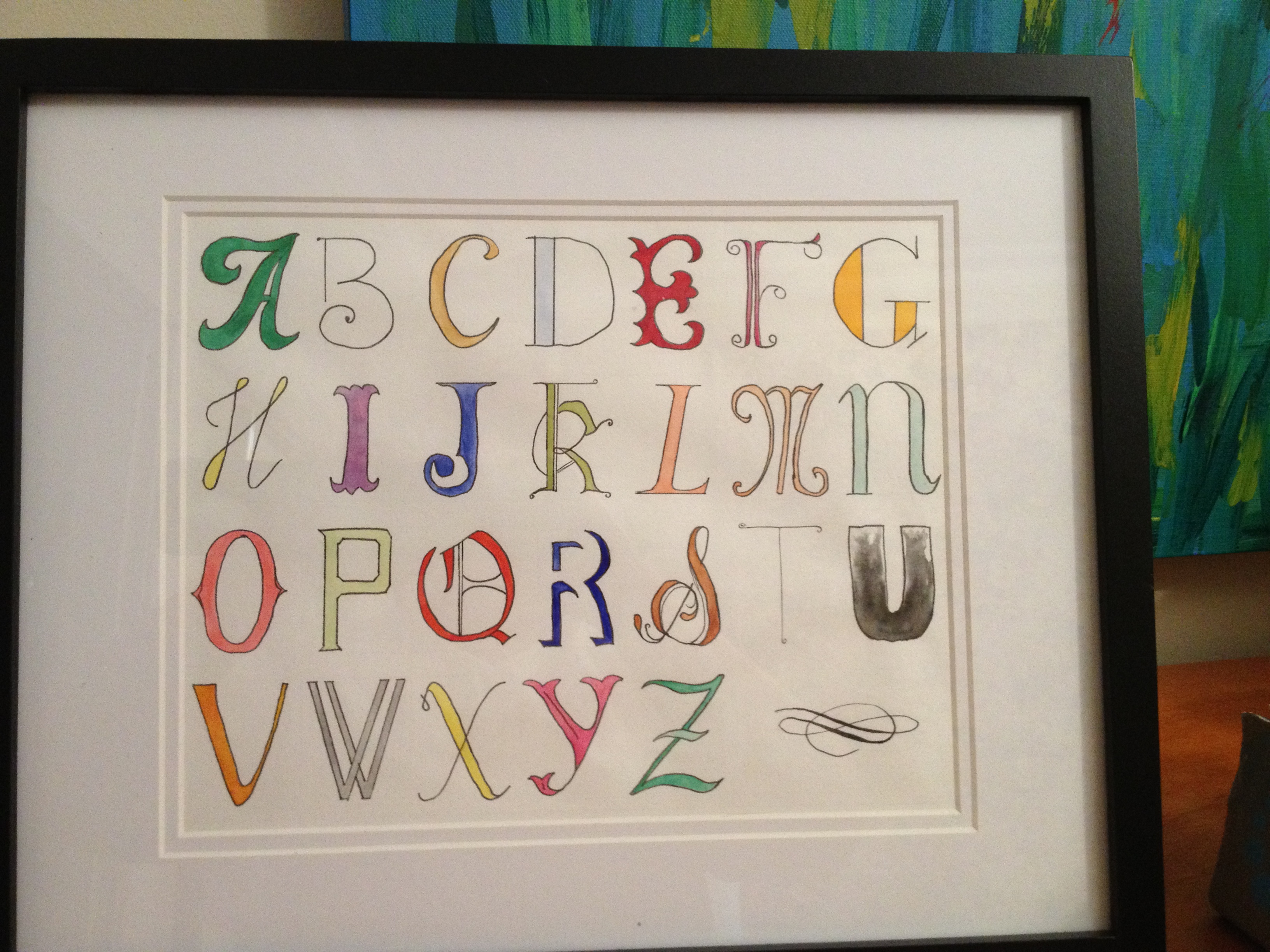 Hand drawn and painted alphabet