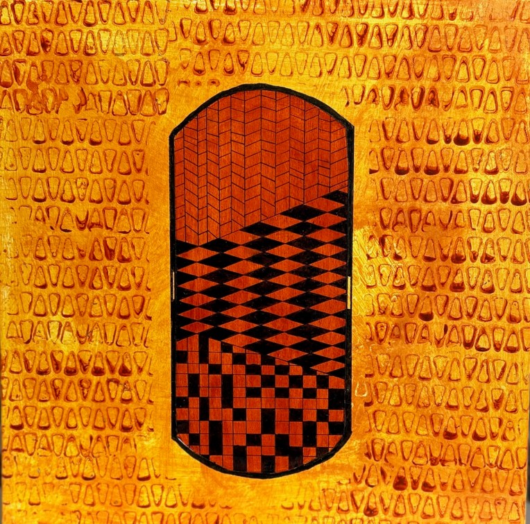 Orange and black geometric detailed banksia on lighter orange background